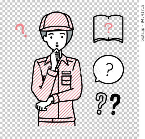 A set of female question marks of a worker who stands and feels doubts with her hands on her chin 94341718