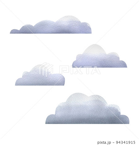 Abstract, stylized clouds, cartoon, simple. Watercolor illustration. Isolated objects on a white background from a large VALENTINE's DAY set. For decoration, design and compositions. 94341915
