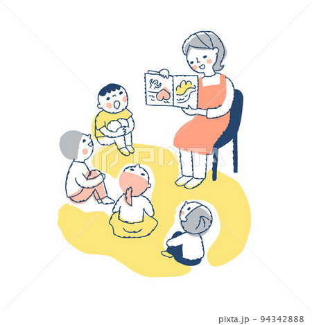 絵本の読み聞かせをする保育士と子供たち 94342888