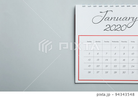 January 2020 calendar on light grey background, top view. Space for text 94343548