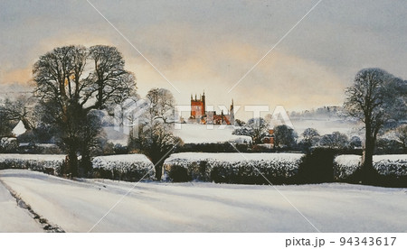 Digital art painting Wonderful Winter in Ledbury town, Herefordshire in England. 3D illustration 94343617