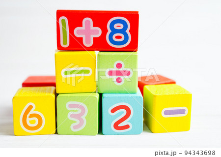 Number wood block cubes for learning Mathematic, education math concept. Number wood block cubes for learning Mathematic, education math concept. 94343698