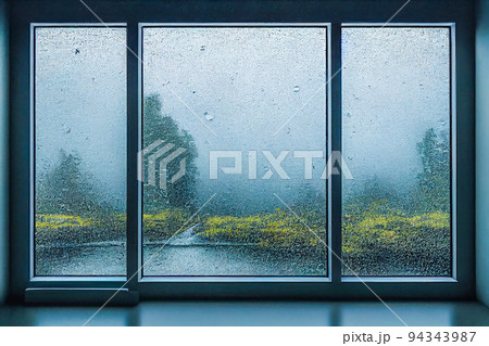 3D Render digital art painting of raining outside the window with selective focused and blurred 94343987