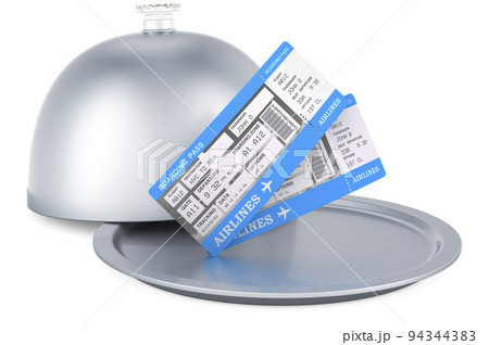 Boarding pass tickets inside restaurant cloche, 3D rendering 94344383