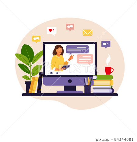 Online learning concept. Teacher at chalkboard,...のイラスト素材 [94344681 ...