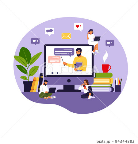 Online learning concept. Teacher at chalkboard,...のイラスト素材 [94344882 ...