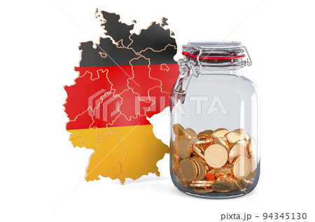 German map with glass jar full of golden coins, 3D rendering German map with glass jar full of golden coins, 3D rendering 94345130