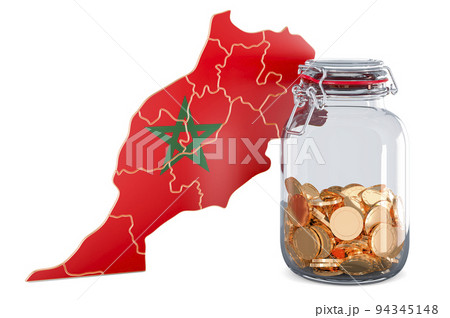 Moroccan map with glass jar full of golden coins, 3D rendering 94345148
