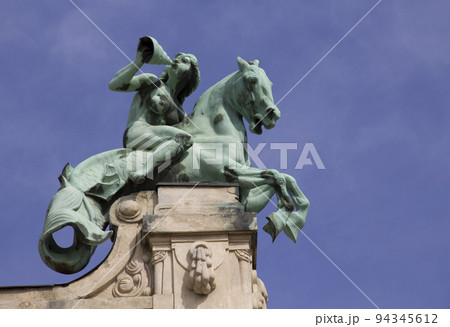 Women's equestrian statue with curtain, building decoration 94345612