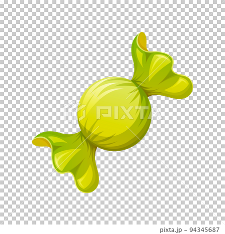 Round candy in a bright green wrapper. Sweet for kids and adults. Cartoon vector illustration. 94345687