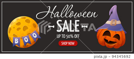 Cute pumpkin with funny face and witch hat. Fool moon with flags and text boo. Halloween sale. Cute pumpkin with funny face and witch hat. Fool moon with flags and text boo. Halloween sale. 94345692