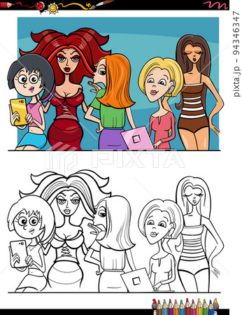 comic beautiful girls or women group coloring page 94346347