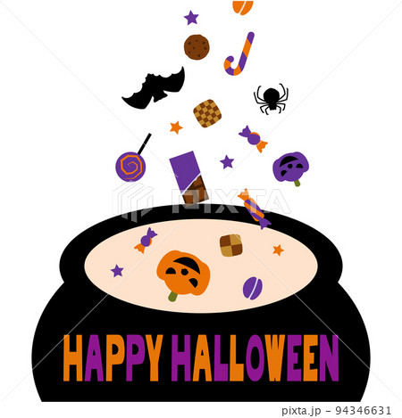鍋に降り注ぐお菓子やハロウィンのお化けたち 94346631