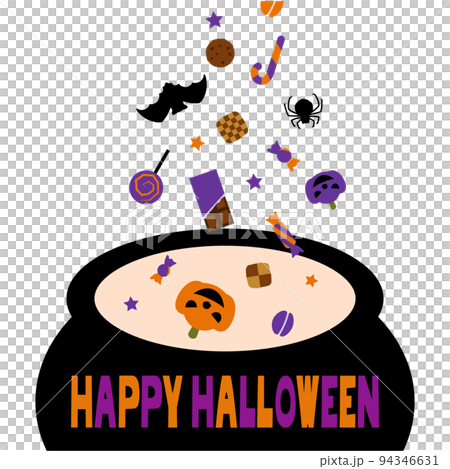 鍋に降り注ぐお菓子やハロウィンのお化けたち 94346631