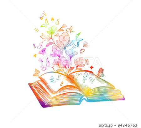 Open book with flying letters. Vector illustration Open book with flying letters. Vector illustration 94346763