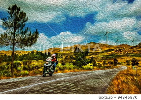 Motorcyclists passing by on the road 94346870