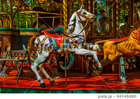 Colorful carousel with white horse in Annecy Colorful carousel with white horse in Annecy 94346880