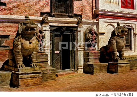 Door with statues of mythological beasts in Nepal 94346881