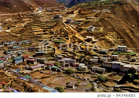 Small village at the bottom of mountains in Nepal 94346883