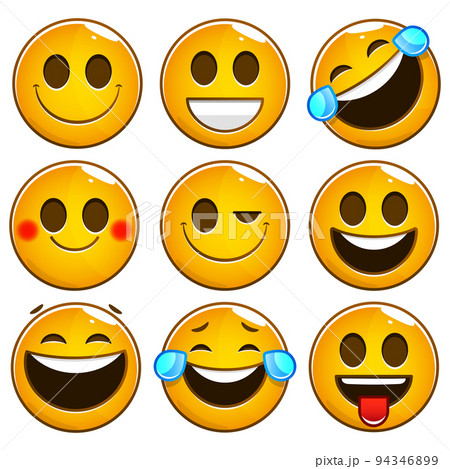 Emoji and emoticon faces vector set. Emojis or emoticons with crazy, surprise, funny, laughing, and scary expressions for design elements isolated in white background. 94346899