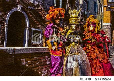 Revelers wearing costumes at the Venice Carnival 94346928