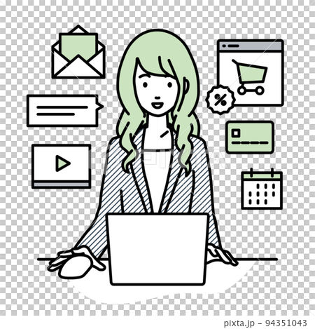 A woman in a suit sitting at a desk and doing an online shop or marketing job on a PC 94351043