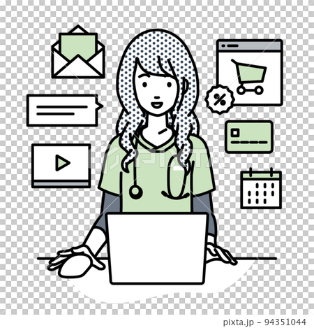 A nurse woman sitting at a desk and doing an online shop or marketing job on a PC A nurse woman sitting at a desk and doing an online shop or marketing job on a PC 94351044