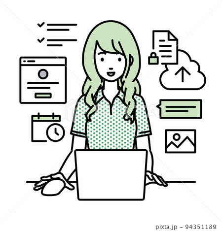 デスクで座ってpcでネットショップやマーケティングの仕事をしているポロシャツの女性のイラスト素材