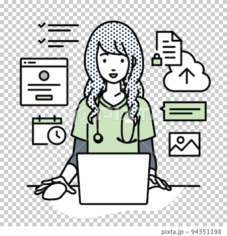 A nurse woman sitting at a desk and doing an online shop or marketing job on a PC 94351198