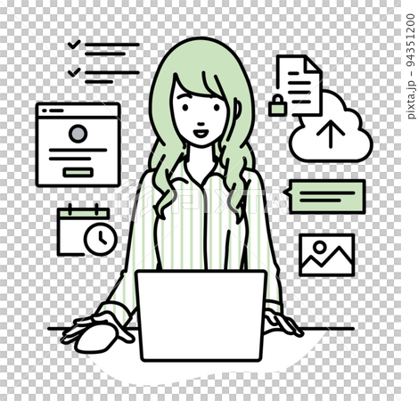 A woman in a blouse sitting at a desk and doing an online shop or marketing job on a PC A woman in a blouse sitting at a desk and doing an online shop or marketing job on a PC 94351200