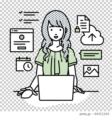 An office casual woman sitting at a desk and doing an online shop or marketing job on a PC 94351203