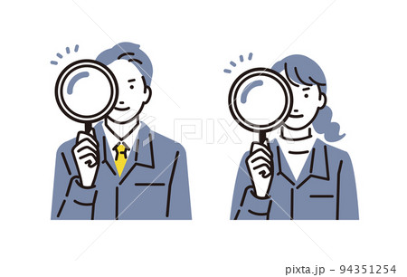 人物 虫眼鏡をのぞく作業服を着た男女セット 人物 虫眼鏡をのぞく作業服を着た男女セット 94351254