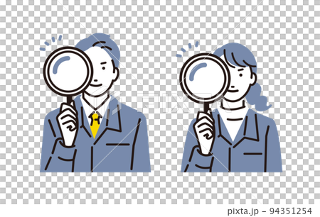 人物 虫眼鏡をのぞく作業服を着た男女セット 人物 虫眼鏡をのぞく作業服を着た男女セット 94351254