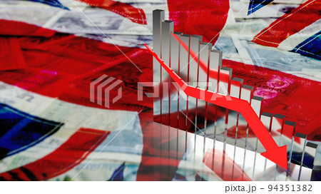 The business chart arrow down on English flag background 3d rendering The business chart arrow down on English flag background 3d rendering 94351382
