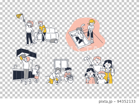 Illustration of people cleaning up with the whole family Comical hand-drawn characters Vector, line drawing and color 94352133