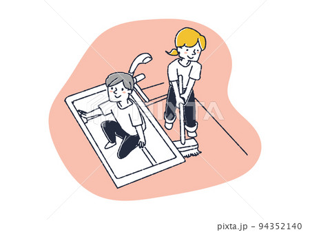 お風呂の掃除をしている夫婦 家族総出で大掃除をしている人々のイラスト お風呂の掃除をしている夫婦 家族総出で大掃除をしている人々のイラスト 94352140