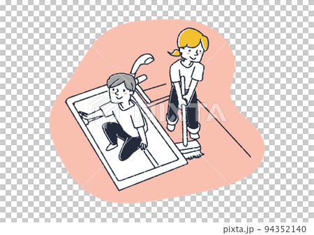 お風呂の掃除をしている夫婦 家族総出で大掃除をしている人々のイラスト お風呂の掃除をしている夫婦 家族総出で大掃除をしている人々のイラスト 94352140