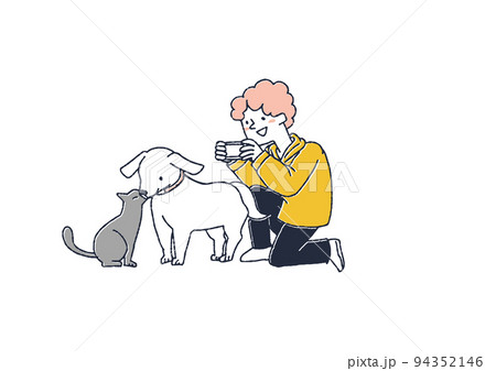 ペットの犬と猫の撮影する男性　さまざまなスタイルで活動するYouTuberのイラスト 94352146