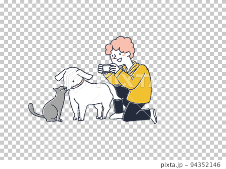 ペットの犬と猫の撮影する男性　さまざまなスタイルで活動するYouTuberのイラスト 94352146
