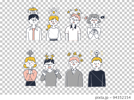 人の思考や感情を頭の上で天気やマークで表したイラスト 94352154