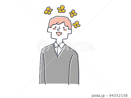 頭がお花畑の男性　人の思考や感情を頭の上で天気やマークで表したイラスト 94352156