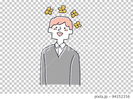 頭がお花畑の男性　人の思考や感情を頭の上で天気やマークで表したイラスト 94352156