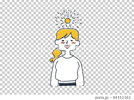 A woman with a sunny heart. An illustration that expresses people's thoughts and feelings with weather and marks above her head. 94352161