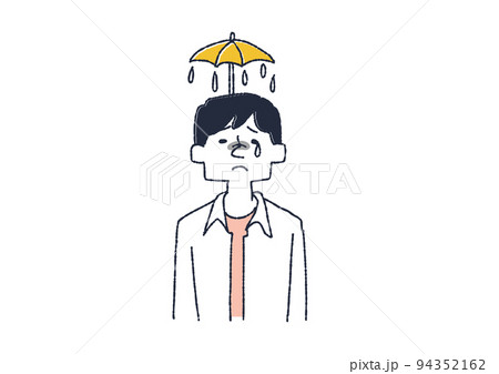 心に雨が降っている男性　人の思考や感情を頭の上で天気やマークで表したイラスト 94352162