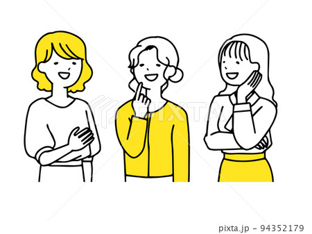 楽しく会話する三人の女性　シンプルな線の人物イラスト 94352179