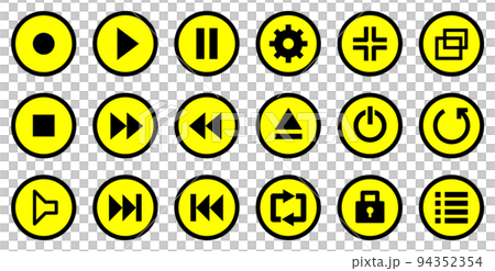 音楽や動画のプレーヤーを操作する丸形ボタンのアイコンセット 94352354