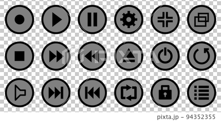 音楽や動画のプレーヤーを操作する丸形ボタンのアイコンセット 94352355