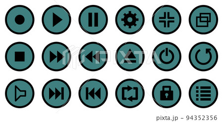 音楽や動画のプレーヤーを操作する丸形ボタンのアイコンセット 94352356