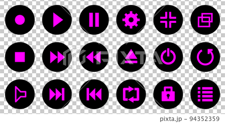 Icon set of round buttons to operate music and video players Icon set of round buttons to operate music and video players 94352359