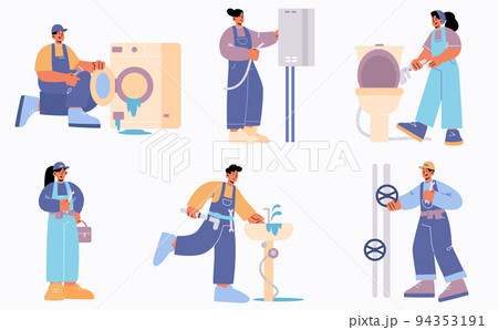 Plumbers and handymen repair broken plumbing set Plumbers and handymen repair broken plumbing set 94353191